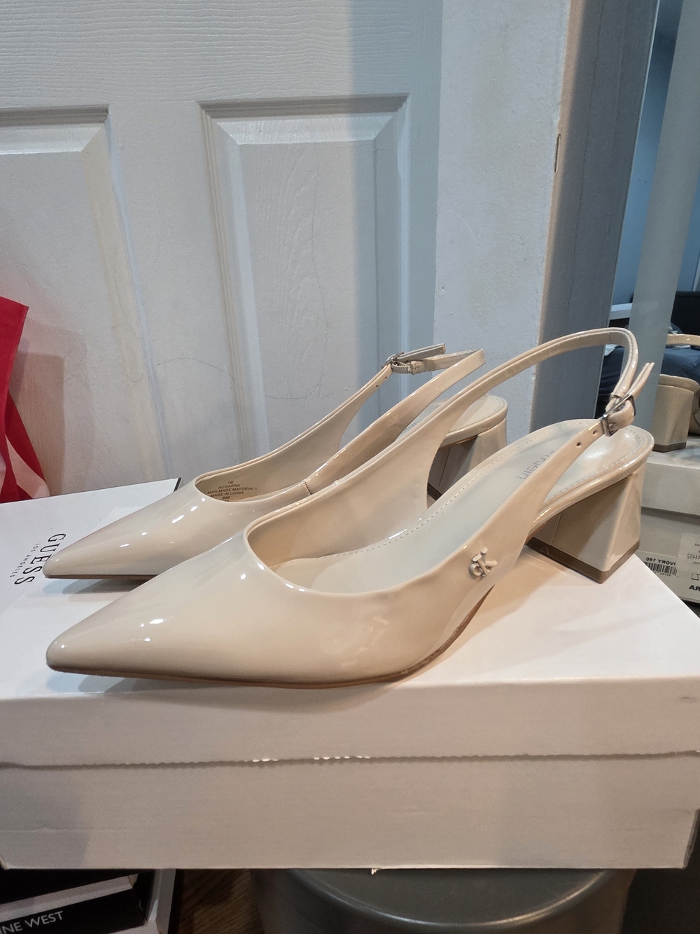 Women's Nude Patent Slingback Block Heel Pumps